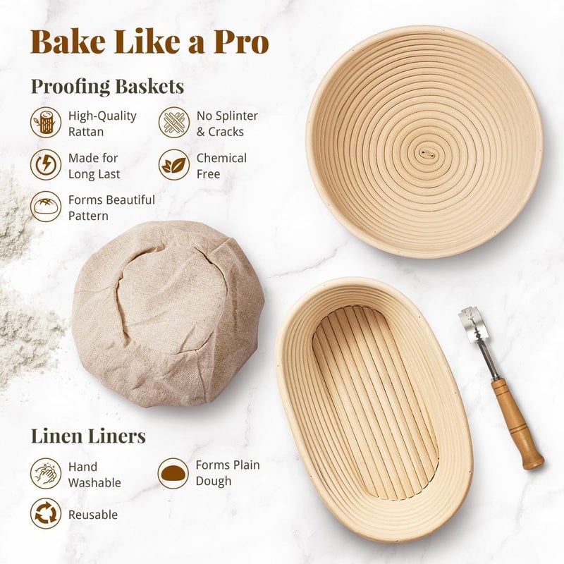 BAVIFY Sourdough Starter Kit, Banneton Bread Proofing Baskets Set, Sourdough Bread Baking Supplies Making Tools with Dough Scraper, Whisk, Bread Lame, Recipe (Round) - Image 2