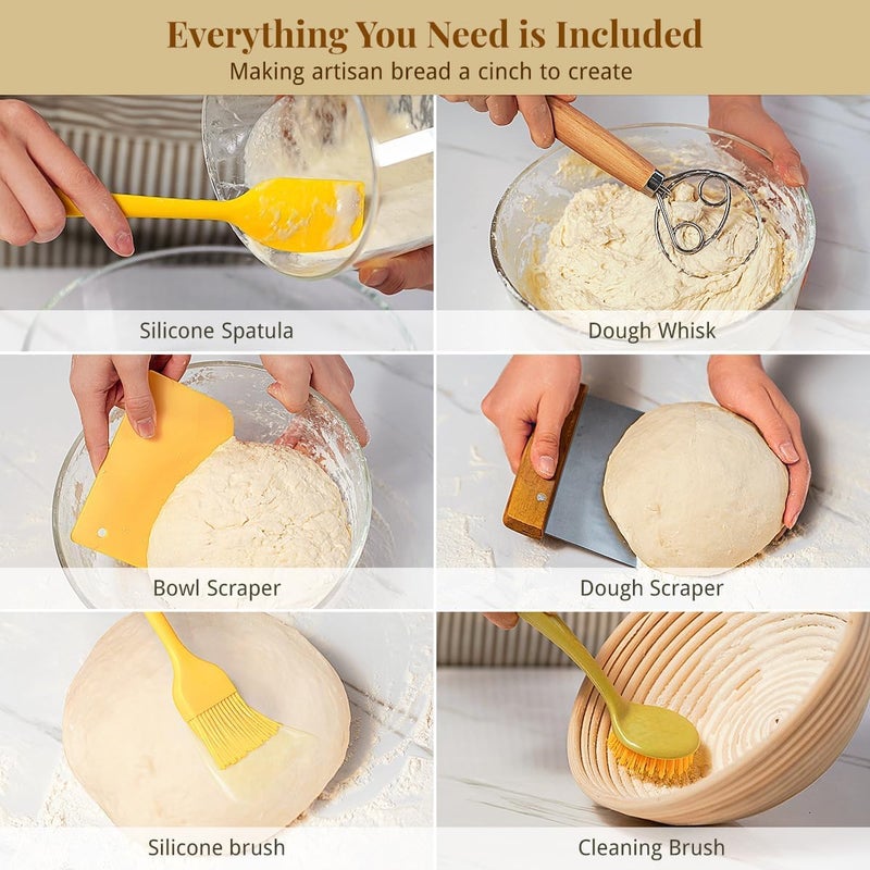 BAVIFY Sourdough Starter Kit, Banneton Bread Proofing Baskets Set, Sourdough Bread Baking Supplies Making Tools with Dough Scraper, Whisk, Bread Lame, Recipe (Round) - Image 5