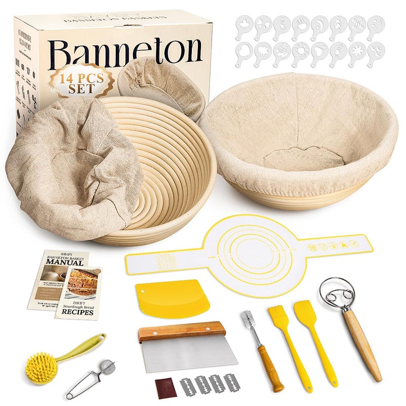 BAVIFY Sourdough Starter Kit, Banneton Bread Proofing Baskets Set, Sourdough Bread Baking Supplies Making Tools with Dough Scraper, Whisk, Bread Lame, Recipe (Round) - Image 1