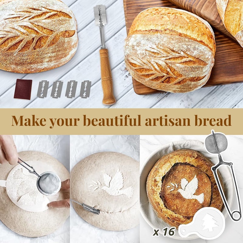 BAVIFY Sourdough Starter Kit, Banneton Bread Proofing Baskets Set, Sourdough Bread Baking Supplies Making Tools with Dough Scraper, Whisk, Bread Lame, Recipe (Round) - Image 4