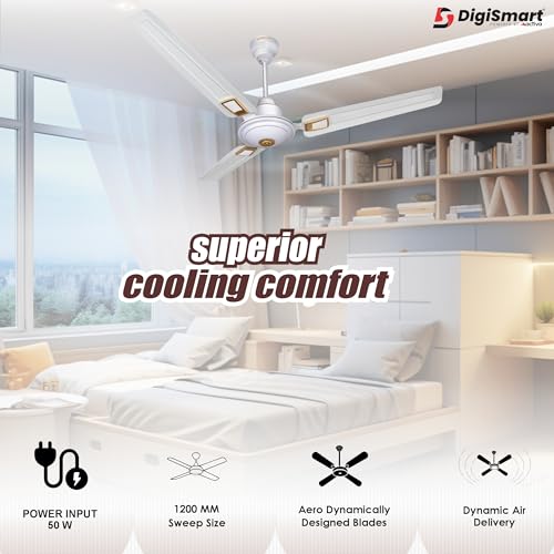 DIGISMART 1200 mm Ceiling Fan, BEE Approved One Star Rating 390 RPM High-Speed Air Delivery, 50W Copper Winding Motor, 3-Blade Large Sweep, Anti-Dust Coating, 2-Year Warranty (Deco White), - Image 2