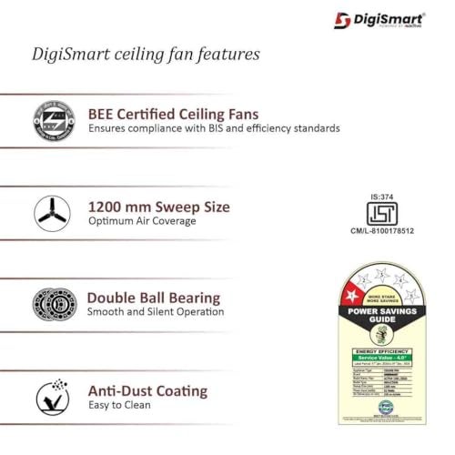 DIGISMART 1200 mm Ceiling Fan, BEE Approved One Star Rating 390 RPM High-Speed Air Delivery, 50W Copper Winding Motor, 3-Blade Large Sweep, Anti-Dust Coating, 2-Year Warranty (Deco White), - Image 4