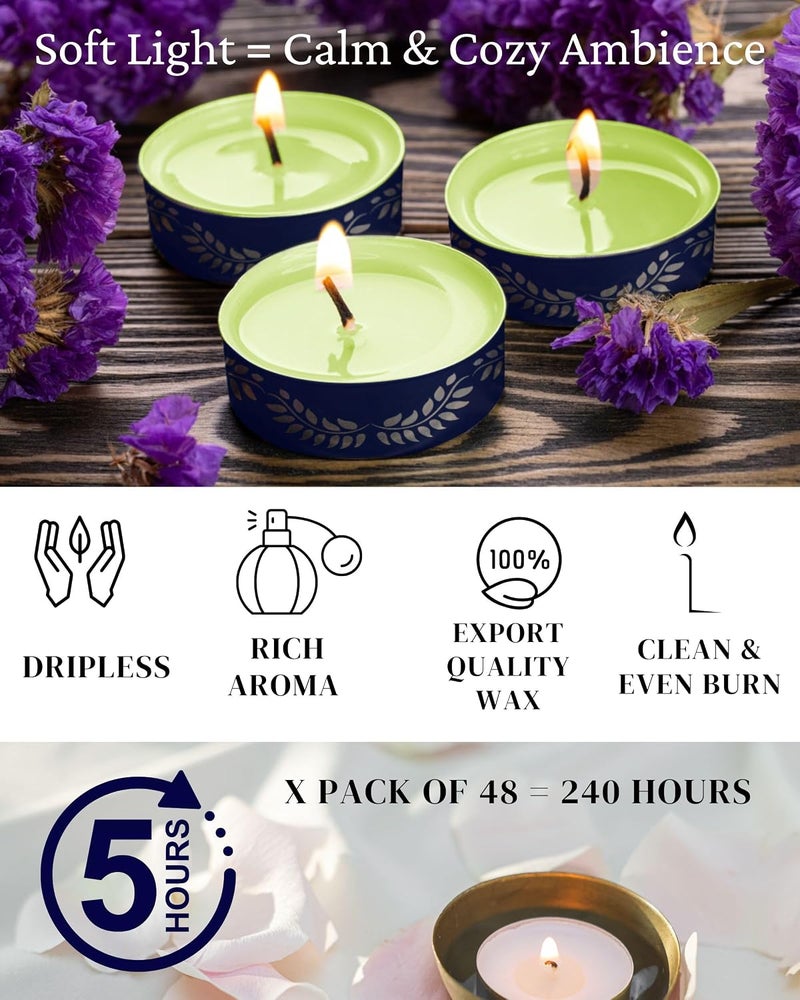 ThinkArtDecor شموع من نوع Tealight عطرية، برائحة فاخرة عضوية تدوم حتى 4 ساعات، مصنوعة من شمع الصويا غير دخاني وخالية من التسرب (عبوة تحتوي على 48 شمعة، برائحة عشب الليمون الهندي) - Image 5