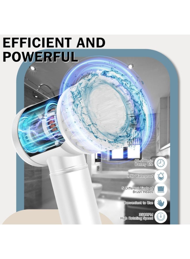 ماسك دوار كهربائي لاسلكي للجاكوزي، ماسك بلاط الدش، ماسح الأرضيات للتنظيف مع 5 رؤوس قابلة للاستبدال للحمام الأرضية النافذة المطبخ - Image 2