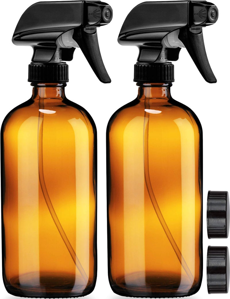 Sally's Organics Sallys Organics Empty Amber Glass Spray Bottles 2 Pack Large 16oz Refillable Bottle for is Great for Essential Oils Plants Cleaning Solutions Hair Durable Nozzle Fine MistStream Setting - Image 1
