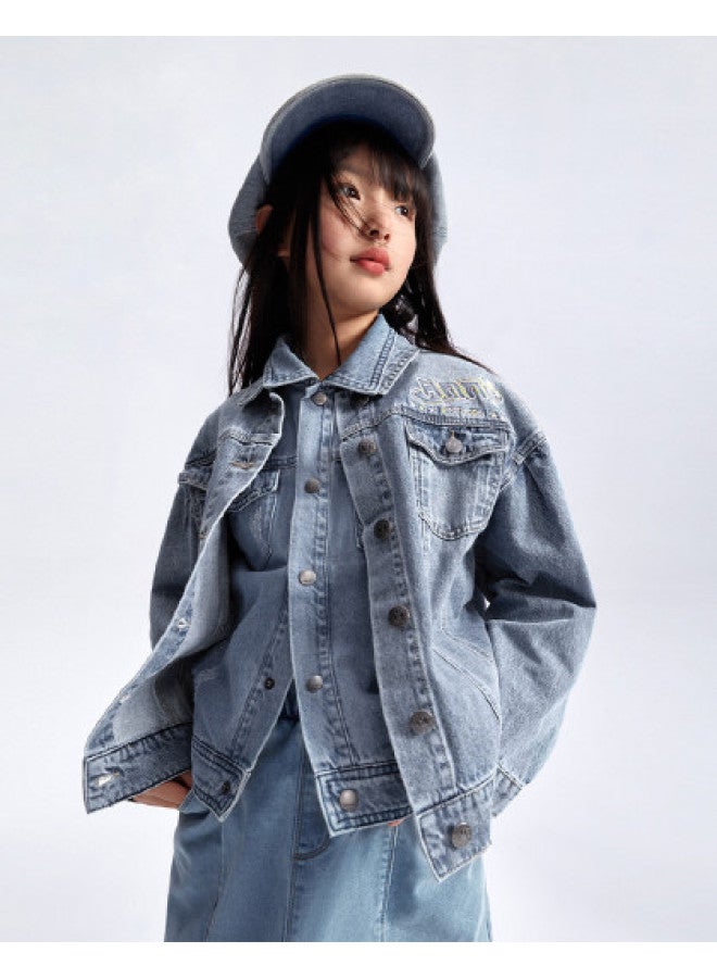 Annil Girls' Denim Jacket Spring/autumn Pure Cotton Structured Coat - Image 1