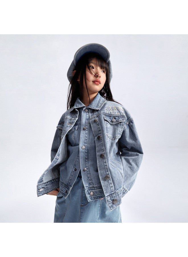 Annil Girls' Denim Jacket Spring/autumn Pure Cotton Structured Coat - Image 2