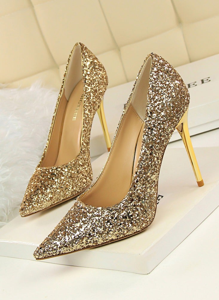 BIGTREE Women's Shiny Sequins Fashionable Stiletto Pumps 9.5 cm Elegant Gorgeous Closed Pointed Toe Slip On Solid High Heels Gold - Image 1