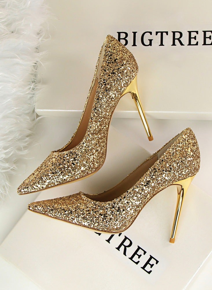 BIGTREE Women's Shiny Sequins Fashionable Stiletto Pumps 9.5 cm Elegant Gorgeous Closed Pointed Toe Slip On Solid High Heels Gold - Image 3