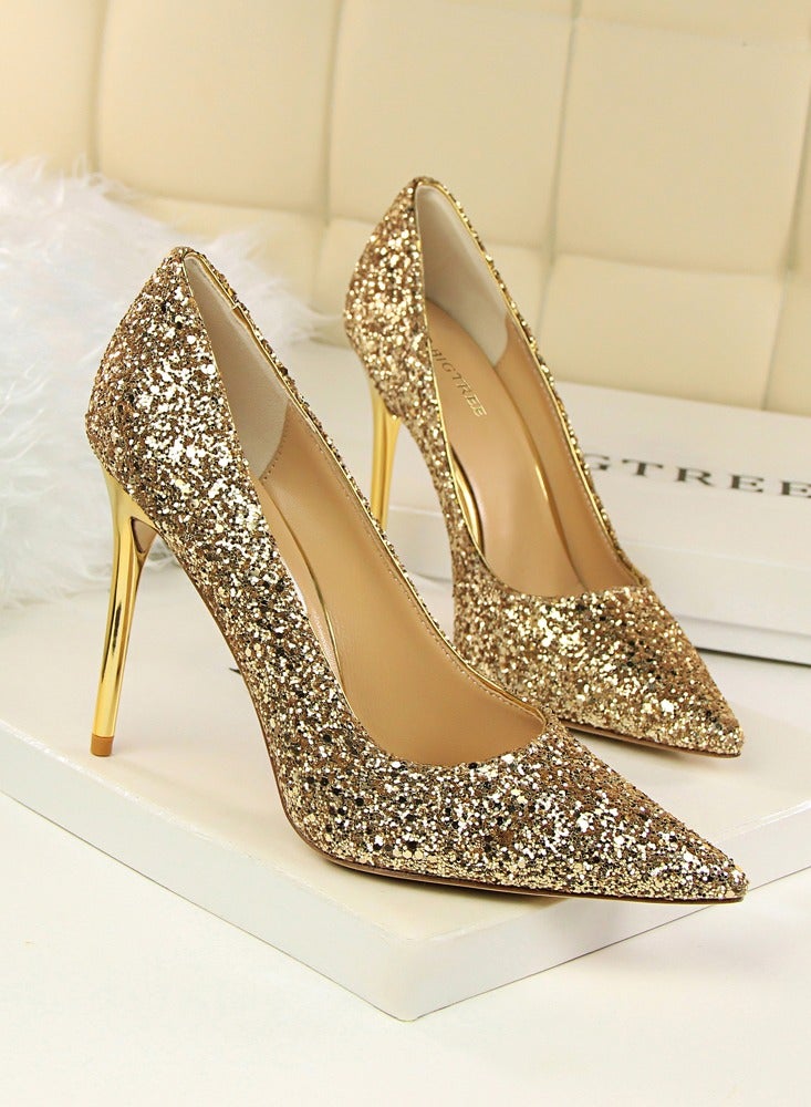 BIGTREE Women's Shiny Sequins Fashionable Stiletto Pumps 9.5 cm Elegant Gorgeous Closed Pointed Toe Slip On Solid High Heels Gold - Image 2