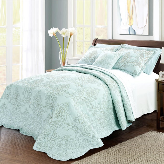 DAMASK 4 PIECE BEDSPREAD SET SCALLOPED EDGE REVERSIBLE QUILT COVERLET COMFORTER PREWASHED BEDDING SET MATELASSE EMBOSSED FLORAL SOLID PATTERNBLUE OVERSIZE KING120 X 120