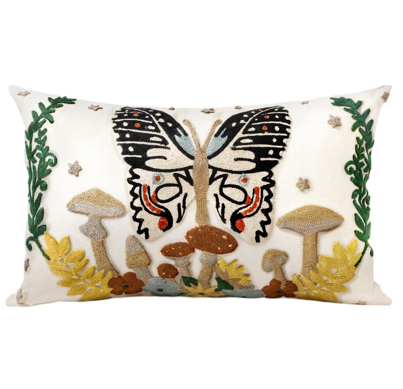 Kokaaee Embroidered Lumbar Pillow Cover - 20x12 Decorative Pillow Cover with Zipper Aesthetic Cute Design Boho Spring Summer Throw Pillowcase for Living Room Couch Sofa Bed, Butterfly Moon - Image 1