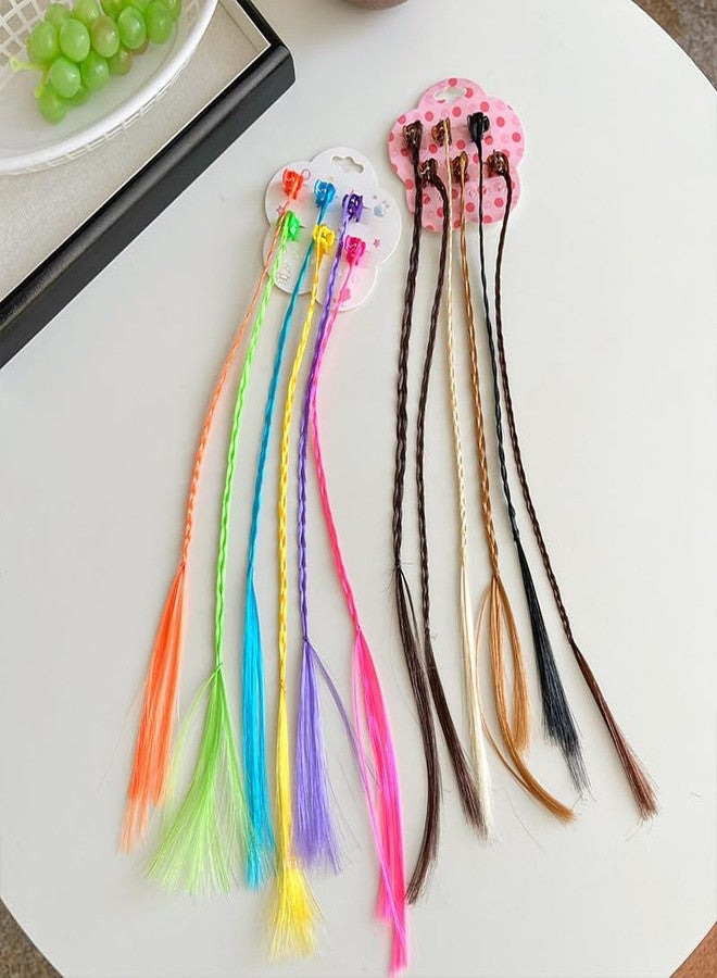 DHANABAPA Rainbow Clip-In Hair Extensions for Girls, Colorful Braided Hair Strands with Bright Neon Color, Fun Party Favors, Dress Up Accessories for Kids, Easy to Attach and Reusable, 12 Pcs - Multicolor. - Image 1