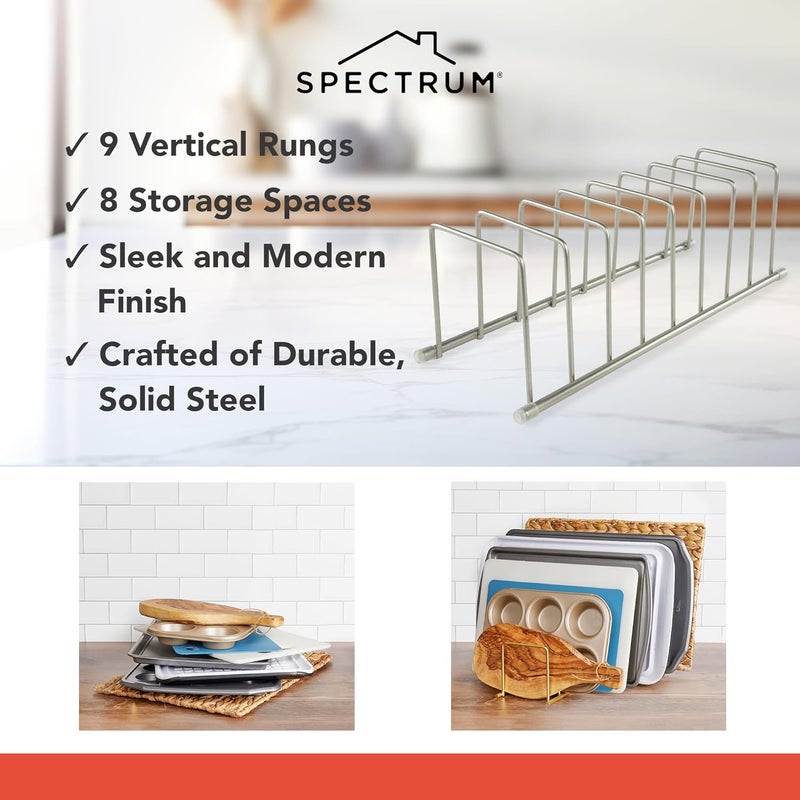 Spectrum Diversified Euro Kitchen Organizer for Plates, Cutting Boards Bakeware, Cooling, Pots & Pans, Serving Trays, Reusable Containers, and Lids Holder Rack, Satin Nickel - Image 5