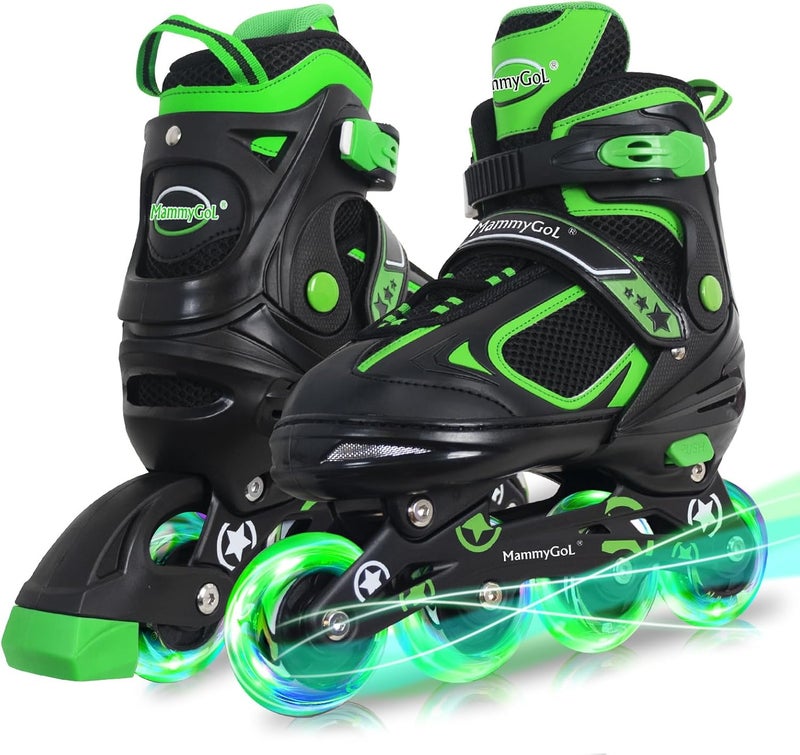 MammyGol Adjustable Inline Skates for Kids with Light Up Wheels - Green - Image 1