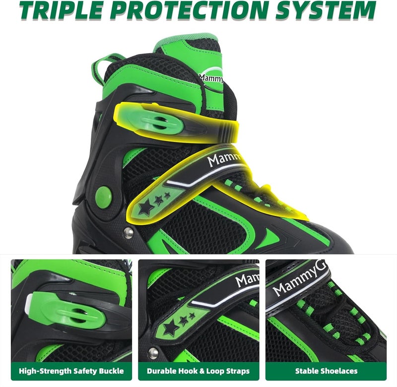 MammyGol Adjustable Inline Skates for Kids with Light Up Wheels - Green - Image 2