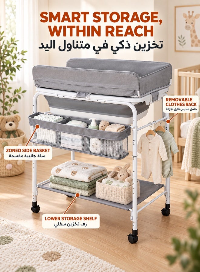 والالا طاولة تغيير حفاضات الأطفال 2 في 1، طاولة تغيير حفاضات الأطفال المحمولة القابلة للتعديل 2 في 1، طاولة تغيير قابلة للطي مع حوض استحمام للأطفال، طاولة تغيير حفاضات الأطفال الصغار بعجلات، طاولة تغيير حفاضات حديثي الولادة بارتفاع قابل للتعديل (رمادي) - Image 4