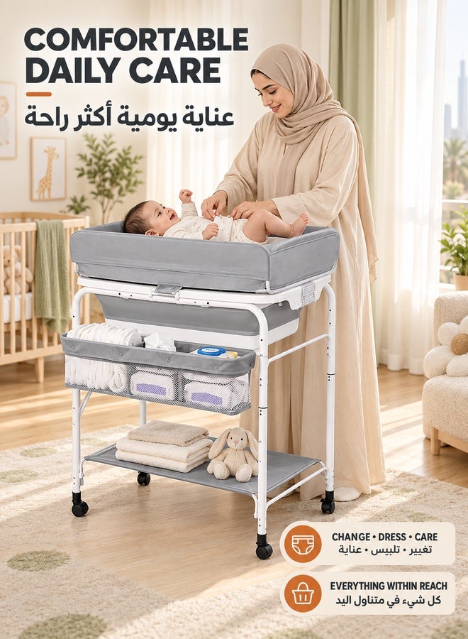 والالا طاولة تغيير حفاضات الأطفال 2 في 1، طاولة تغيير حفاضات الأطفال المحمولة القابلة للتعديل 2 في 1، طاولة تغيير قابلة للطي مع حوض استحمام للأطفال، طاولة تغيير حفاضات الأطفال الصغار بعجلات، طاولة تغيير حفاضات حديثي الولادة بارتفاع قابل للتعديل (رمادي) - Image 5
