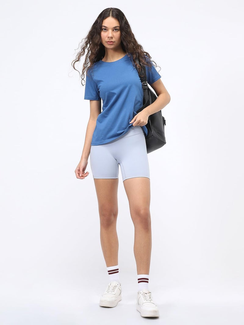Nobero Women Cotton Solid T-Shirt(1W-TWTS-R0003-MN4_Blue_L) - Image 5
