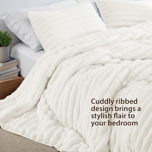 Regency Heights Cuddly Ribbed Fluffy Comforter Set King Size, Super Soft Plush Fleece Bedding Set, Warm Fuzzy Comforter with Matching Shams, All-Season Cozy 3-Piece Bed Set, Ivory White - Image 2