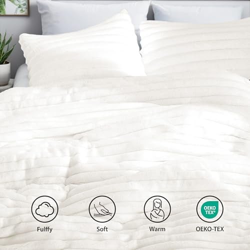 Regency Heights Cuddly Ribbed Fluffy Comforter Set King Size, Super Soft Plush Fleece Bedding Set, Warm Fuzzy Comforter with Matching Shams, All-Season Cozy 3-Piece Bed Set, Ivory White - Image 3