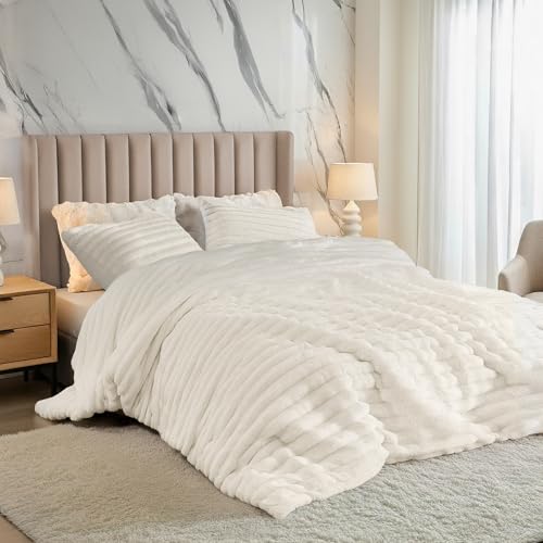 Regency Heights Cuddly Ribbed Fluffy Comforter Set King Size, Super Soft Plush Fleece Bedding Set, Warm Fuzzy Comforter with Matching Shams, All-Season Cozy 3-Piece Bed Set, Ivory White - Image 1