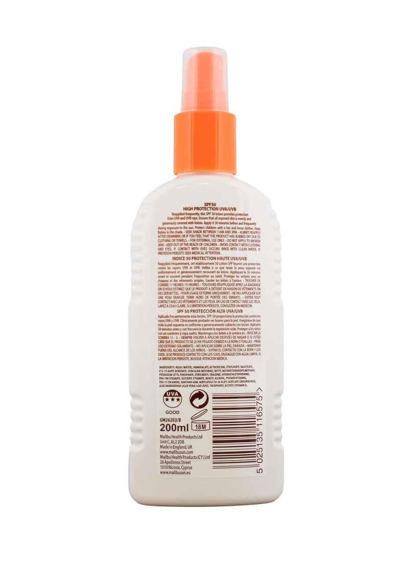 Malibu - Malibu High Protection Water Resistant Vitamin Enriched SPF 50 Sun-Screen Lotion Spray with Shea Butter Extract, 200ml - Image 1