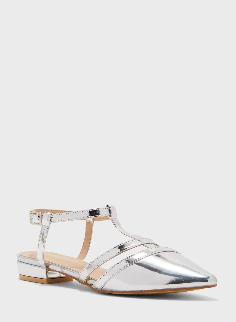 ELLA Tbar Detail Rounded Heel Flat Shoe Silver