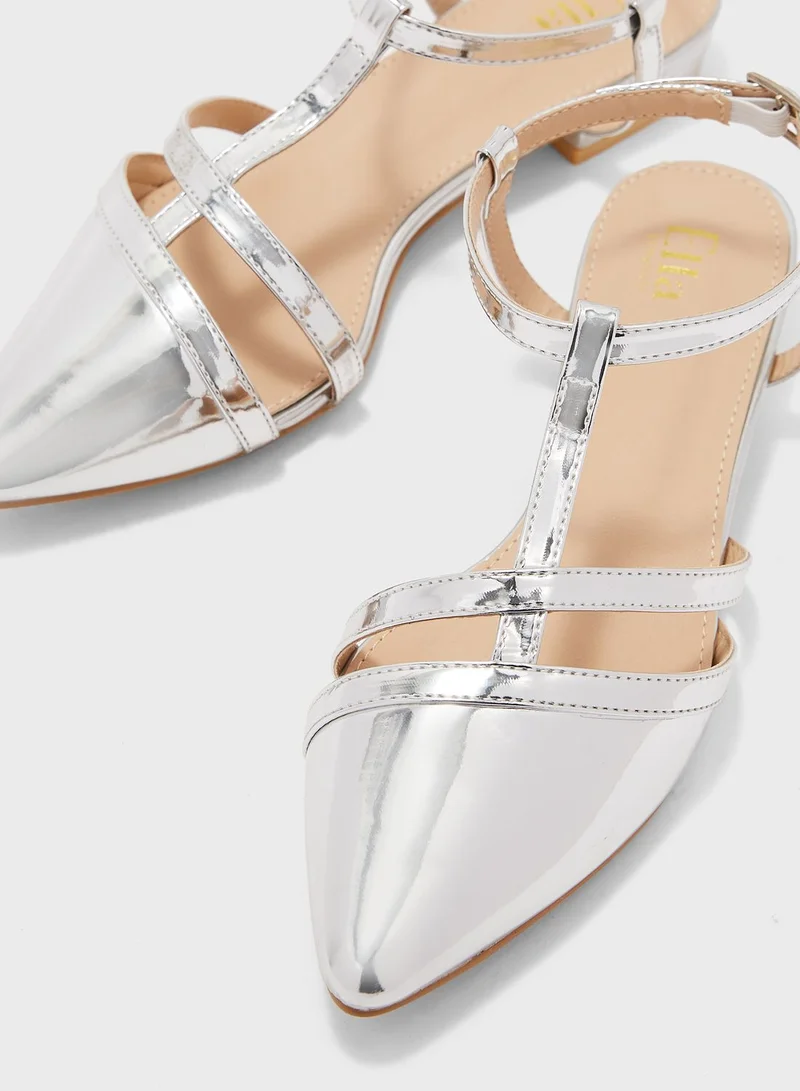 ELLA Tbar Detail Rounded Heel Flat Shoe Silver