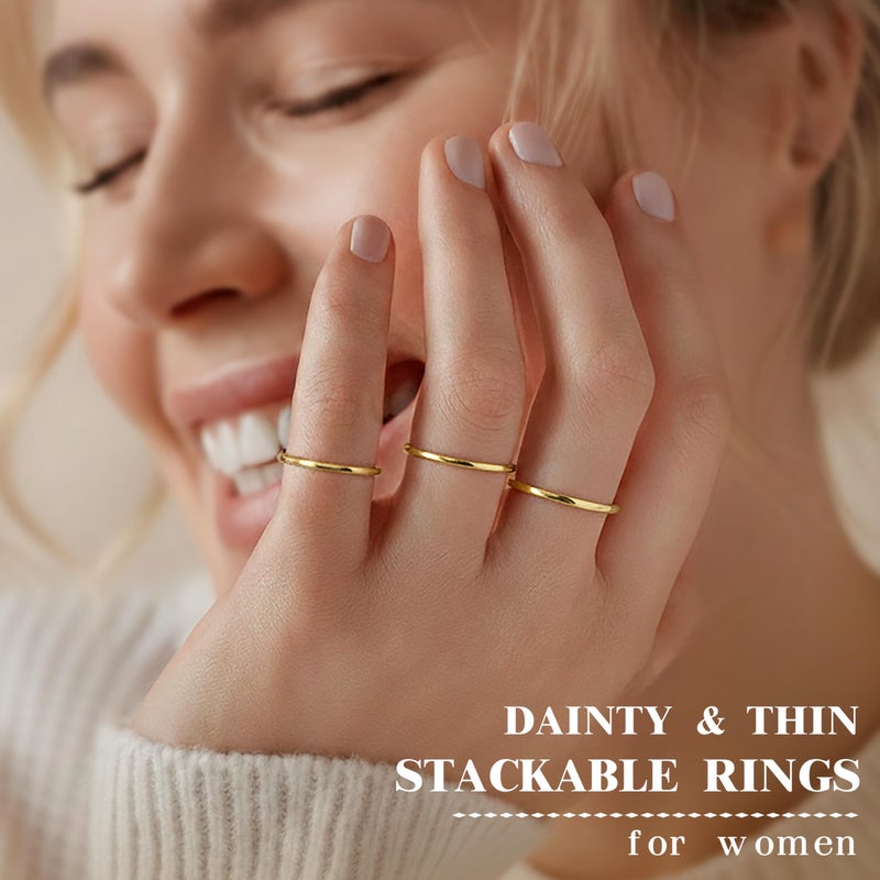 Poxtex Dainty Stackable 1mm Thin Cute Rings for Women, 14K Gold Plated Non Tarnish Wedding Band Set for Stacking, Simple Plain Minimalist Dome Bands Thumb Pinky Ring 3PCS Jewelry Gift Comfort Fit Size 7 - Image 2