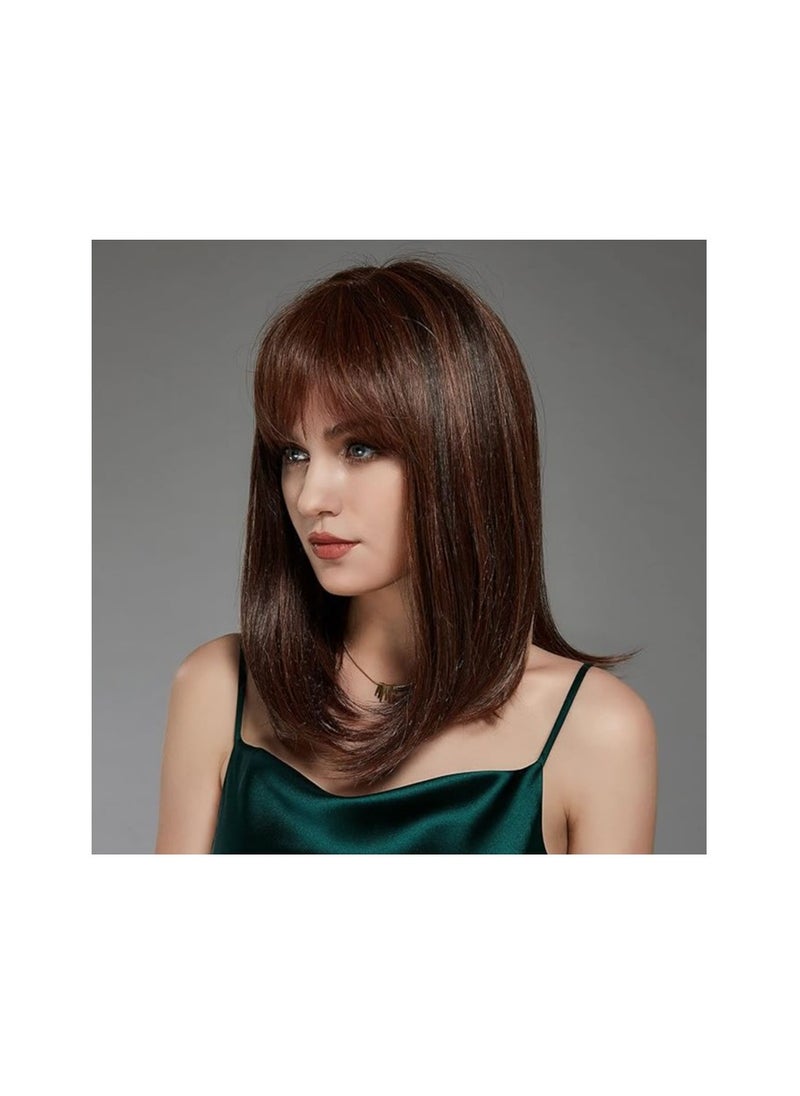 ECIF - Brown Shoulder-length Bob Wigs Auburn Highlight Medium Length 16 Inch Natural Looking Wigs for Women Soft Straight Wigs Human Hair Feeling - Image 1