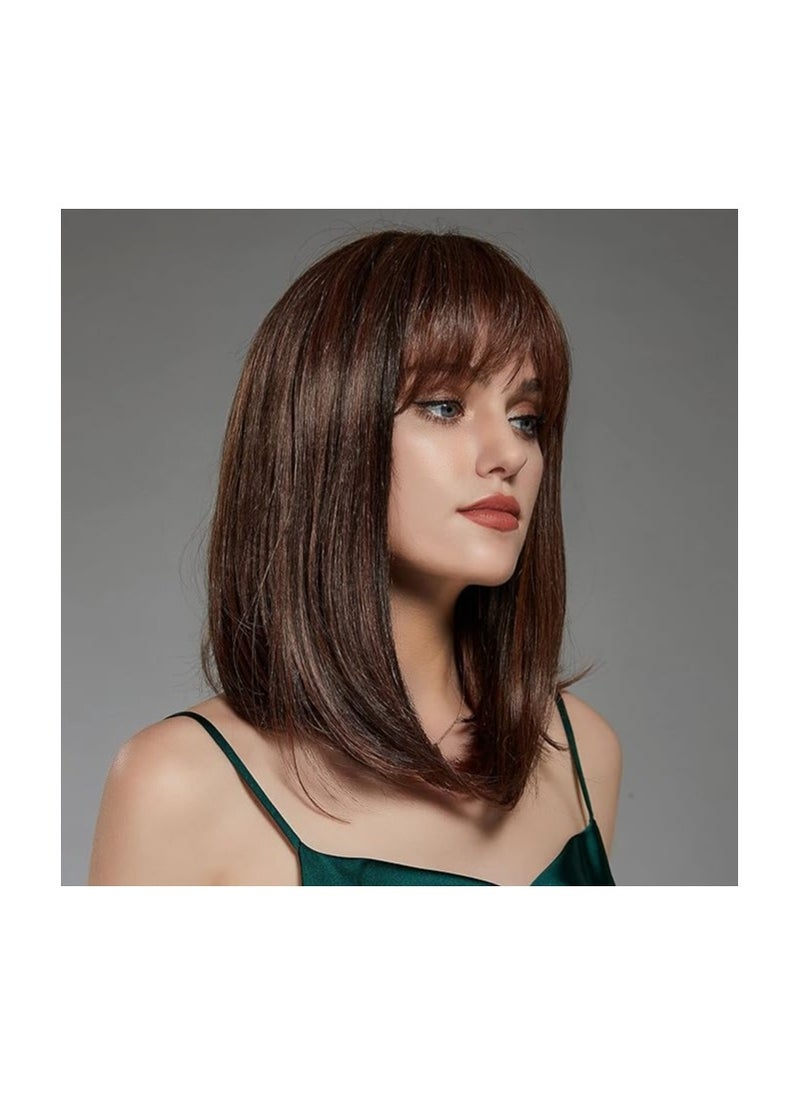 ECIF - Brown Shoulder-length Bob Wigs Auburn Highlight Medium Length 16 Inch Natural Looking Wigs for Women Soft Straight Wigs Human Hair Feeling - Image 1