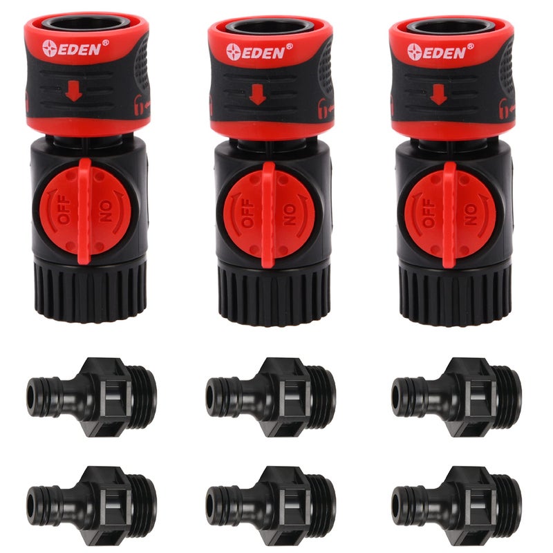 Eden 93218 Premium Garden Hose Quick Connect Kit | 9-Piece / 3-Pair Snap & Lock Fittings and Adapters with Water Stop, Flow Control, Secure Twist-Lock Design - Image 1