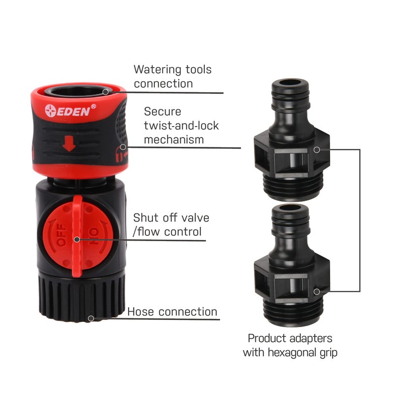Eden 93218 Premium Garden Hose Quick Connect Kit | 9-Piece / 3-Pair Snap & Lock Fittings and Adapters with Water Stop, Flow Control, Secure Twist-Lock Design - Image 2