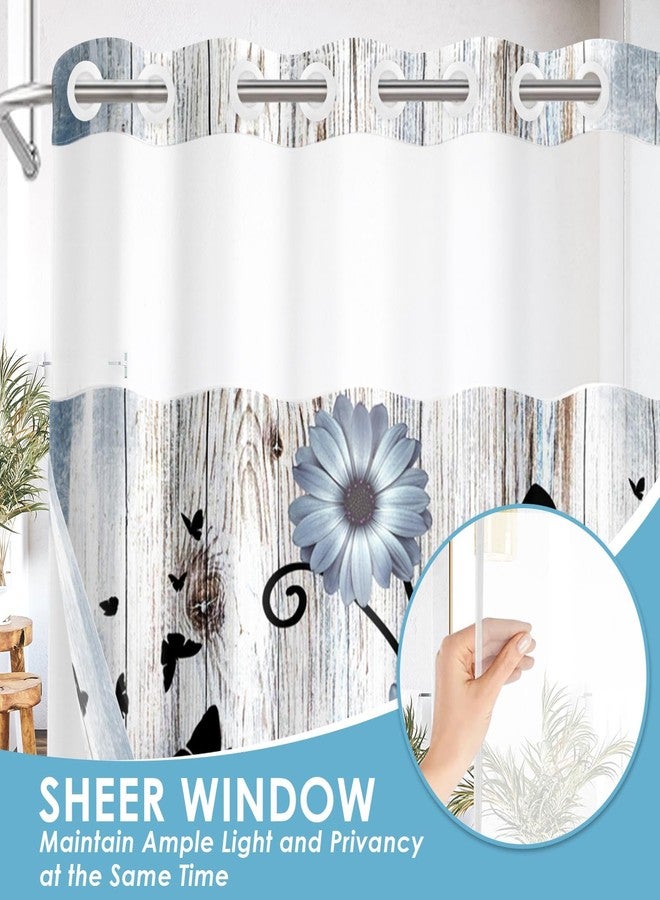 Nesphy No Hook Blue Flower Shower Curtain with Snap in Fabric Liner Set, Daisy Rustic Farmhouse Double Layers Waterproof Fabric with See Through Top Window Open Grommet Bath Curtain 71x74 Inch - Image 4