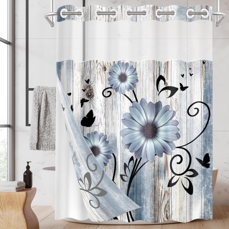 Nesphy No Hook Blue Flower Shower Curtain with Snap in Fabric Liner Set, Daisy Rustic Farmhouse Double Layers Waterproof Fabric with See Through Top Window Open Grommet Bath Curtain 71x74 Inch - Image 1