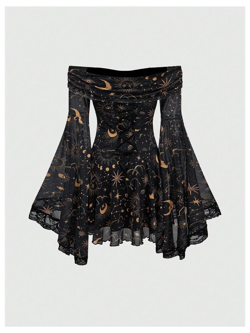 WDIRARA Women's Gothic Print Ruffle Off the Shoulder Dress Long Bell Sleeve Mesh Short Dresses Black Large - Image 2
