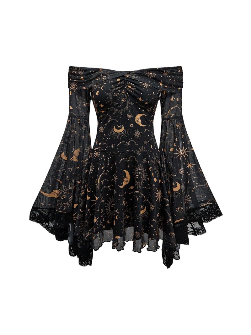 WDIRARA Women's Gothic Print Ruffle Off the Shoulder Dress Long Bell Sleeve Mesh Short Dresses Black Large - Image 1