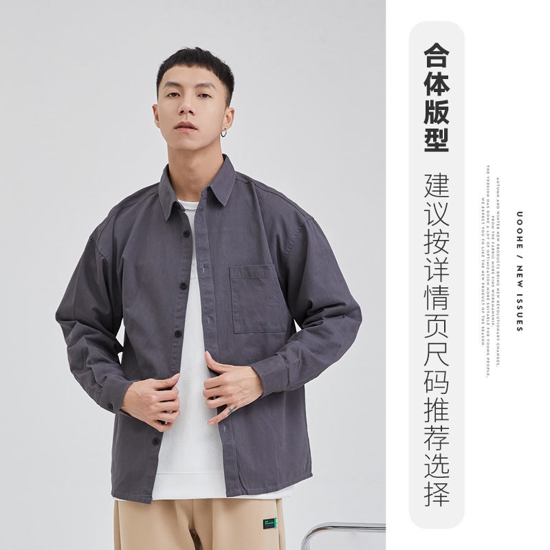 2024 Tooling Shirt Japanese Style Pure Cotton Solid Color Long Sleeve Shirt Mens Casual Loose Pocket Tooling Shirt Spring SS915 Gray  - Image 1