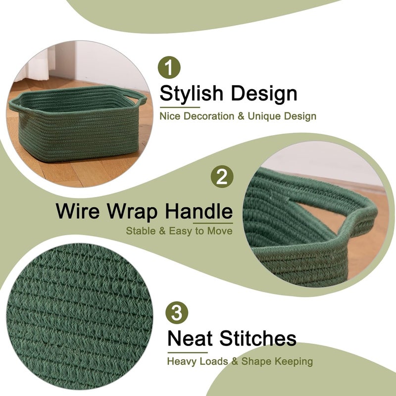 OIAHOMY Cotton Rope Woven Baskets for Storage, Nursery Rectangle Storage Basket with Handles for Shelves, Pack of 3, Green - Image 4