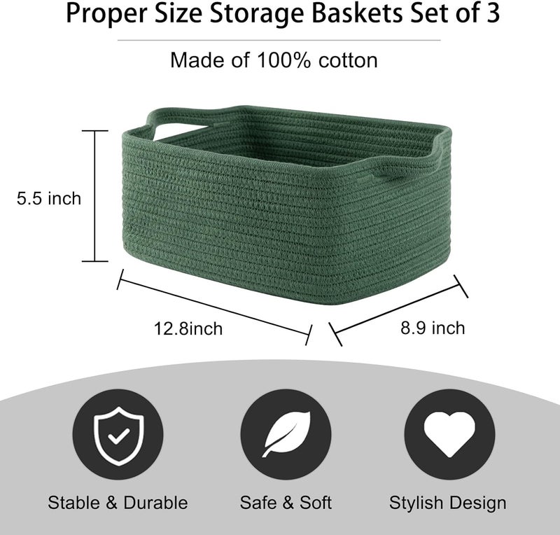 OIAHOMY Cotton Rope Woven Baskets for Storage, Nursery Rectangle Storage Basket with Handles for Shelves, Pack of 3, Green - Image 3