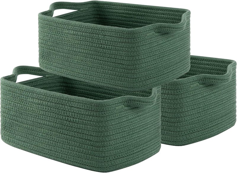 OIAHOMY Cotton Rope Woven Baskets for Storage, Nursery Rectangle Storage Basket with Handles for Shelves, Pack of 3, Green - Image 1