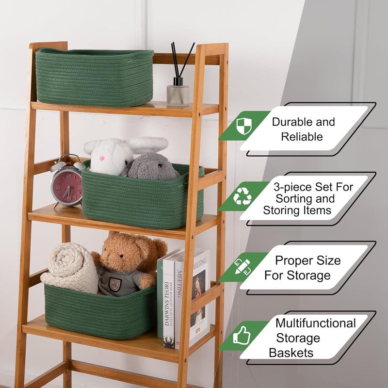 OIAHOMY Cotton Rope Woven Baskets for Storage, Nursery Rectangle Storage Basket with Handles for Shelves, Pack of 3, Green - Image 5