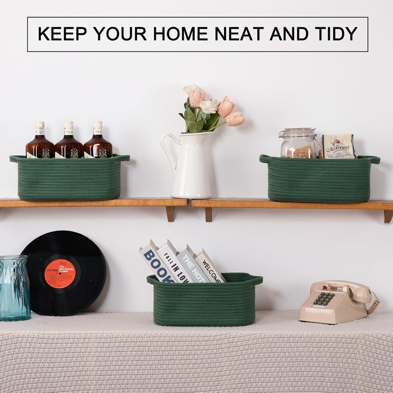 OIAHOMY Cotton Rope Woven Baskets for Storage, Nursery Rectangle Storage Basket with Handles for Shelves, Pack of 3, Green - Image 2