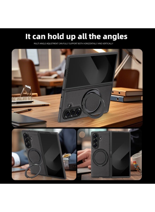 general Case Compatible with Samsung Galaxy Z Fold 7, Built-in 360° Rotatable Ring Stand  Magnetic Suction, Frosted Leather Protective Cover for Samsung Z Fold 7 - Image 4