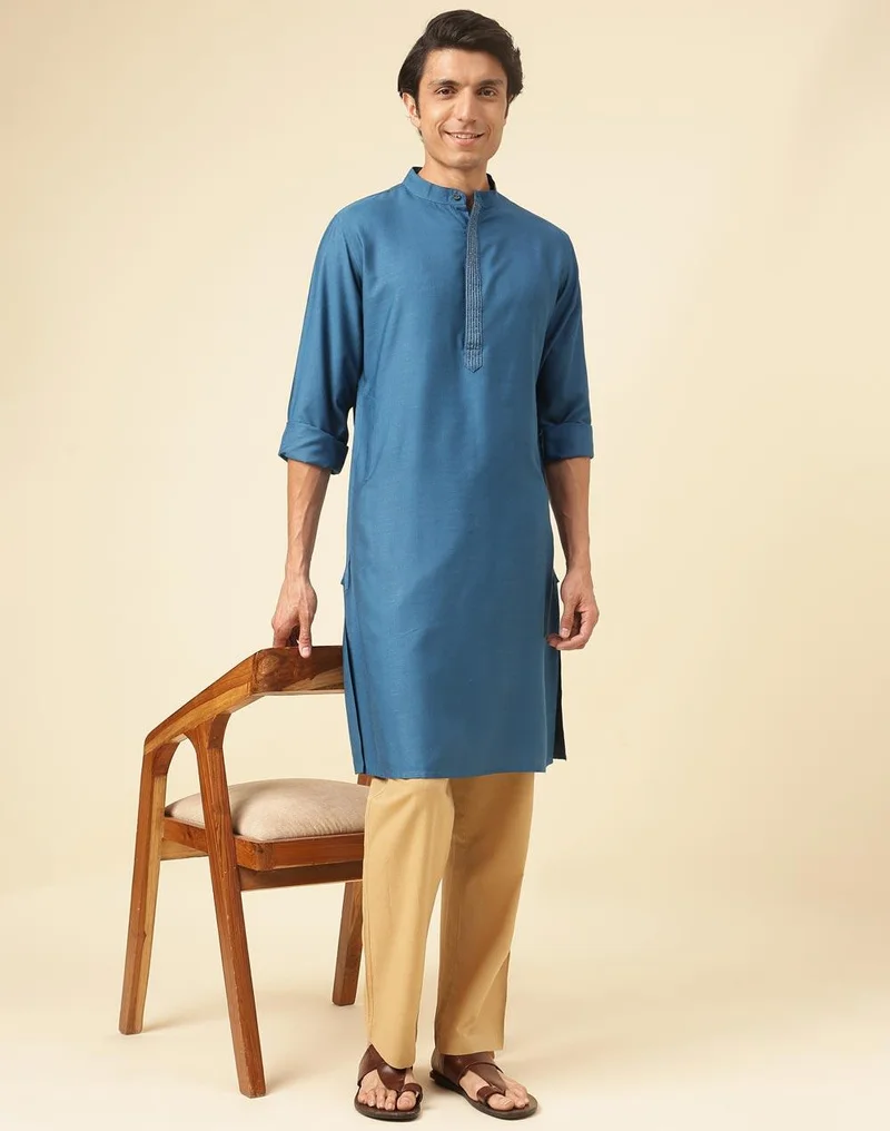 فاب انديا Blue Viscose Silk Slim Fit Long Kurta
