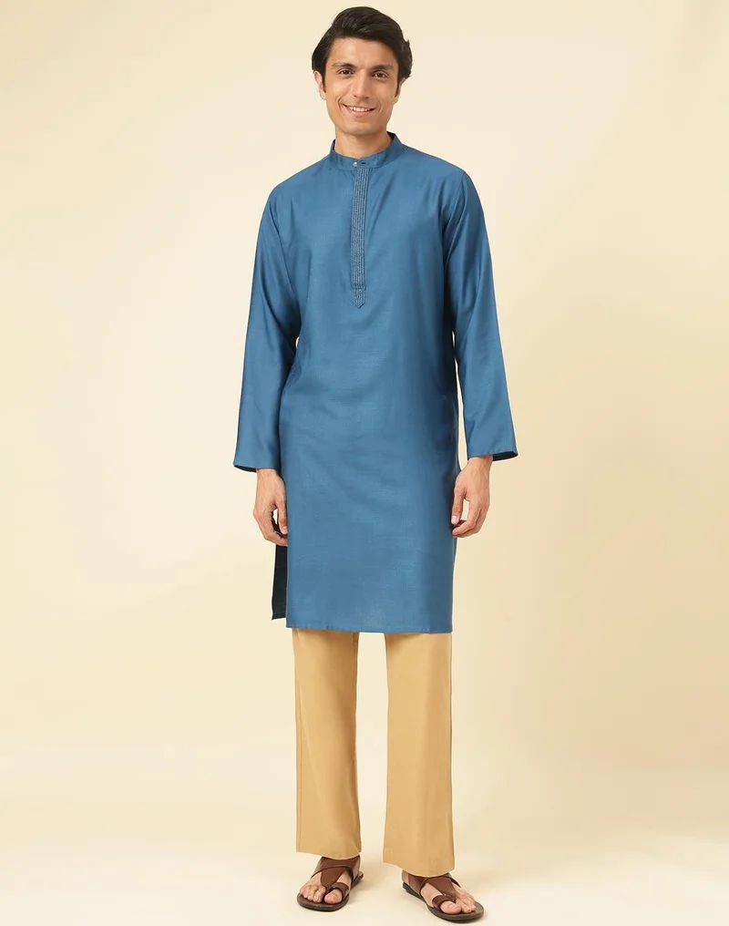 فاب انديا Blue Viscose Silk Slim Fit Long Kurta