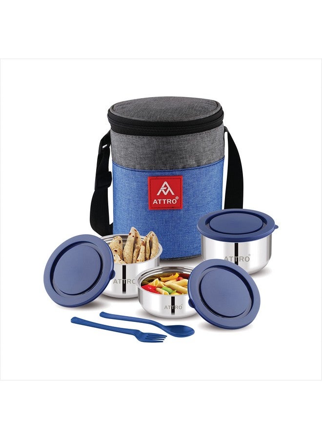 Attro Fresho Stainless Steel Double Wall Lunch Box, Airtight & Leak Proof - 3 Containers with Bag, Fork & Spoon for Office Use, School, Picnic 800 ml - Dark Blue - Image 1