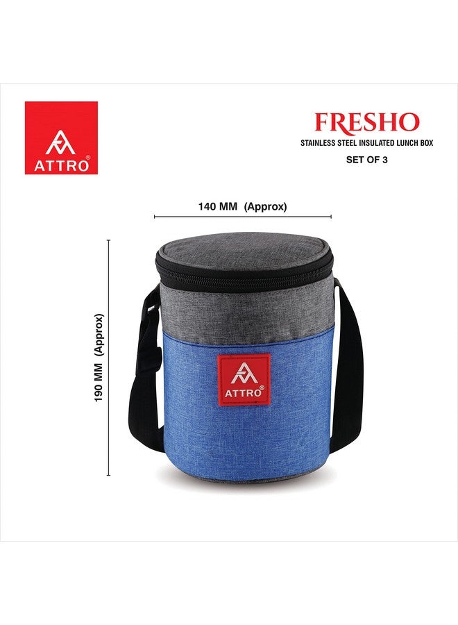Attro Fresho Stainless Steel Double Wall Lunch Box, Airtight & Leak Proof - 3 Containers with Bag, Fork & Spoon for Office Use, School, Picnic 800 ml - Dark Blue - Image 2