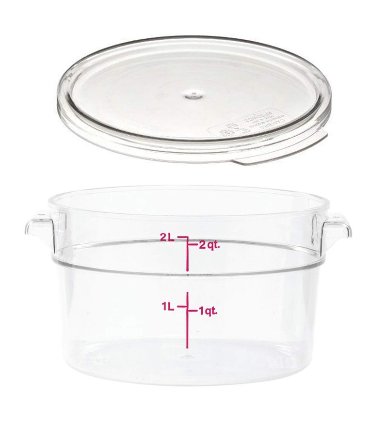 Cambro RFSCW2135 Camwear 2Quart Clear Round Food Storage Container with Cambro RFSCWC2135 Clear Round Lid